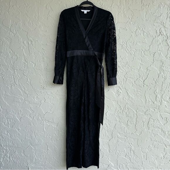 DIANE VON FURSTENBERG DVF Jumpsuit 4 Black Lace Long Sheer Sleeve Wrap Belted - Picture 4 of 10